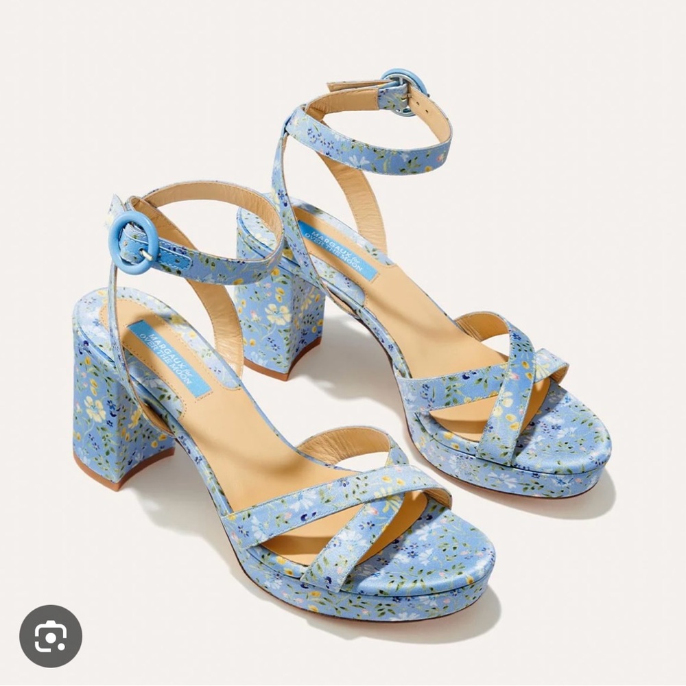 Margaux The City Sandal Blue Floral Satin Block Heels | Size 36.5